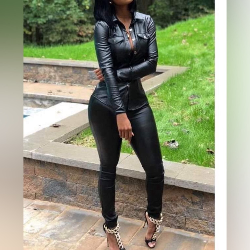 Women’s black faux leather pant set